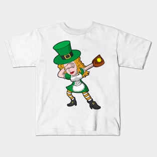 Dabbing Irish Girl Softball St Patricks Day Women Kids T-Shirt